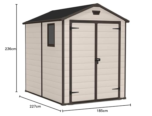 Keter Manor Outdoor Apex Double Door Garden Storage Shed 6 x 8ft Beige Brown Wood effect | Fade Free | All Weather Resistant | Safe and Secure | Zero Maintenance | 15 year Warranty