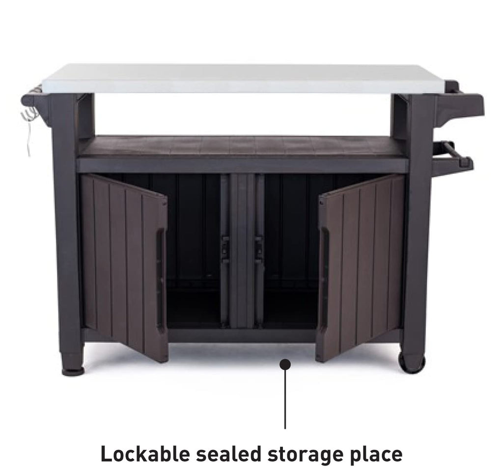 Keter Unity XL BBQ Side Table, Dimensions 134 x 51.7 x 89.6 cm, Grey, Weatherproof, Stainless Steel Worktop, Outdoor Sideboard, Perfect for Grilling in Spring