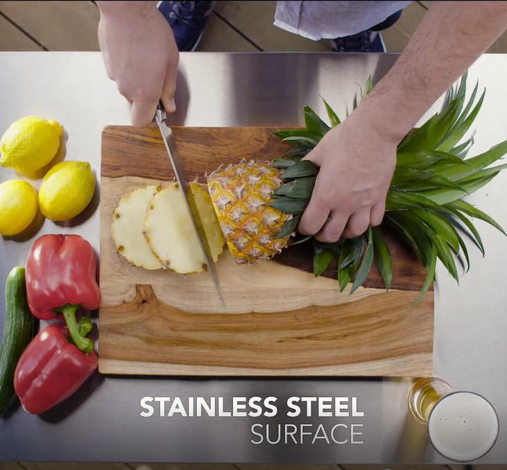 Keter Unity XL Outdoor Portable Table and Storage Cabinet with Hooks for Grill Accessories Stainless Steel Top for Patio, Kitchen, Island or Bar Cart, Dark Grey