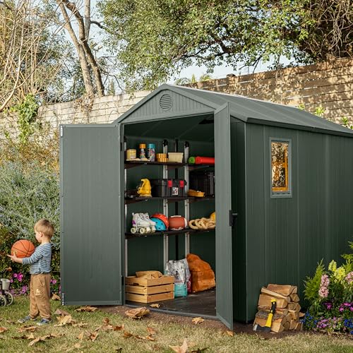 Keter Darwin 6x8ft Outdoor Resin Garden Shed – Green Evotech+ Wood-Look | Waterproof Resin Storage for Tools & Bikes | Double Doors | Lockable | 15 Yr Warranty | Zero Maintenance