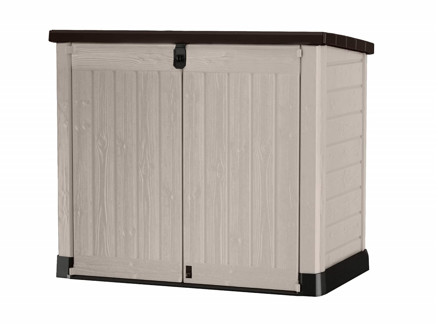 Keter Store It Out Pro Outdoor Garden Furniture Storage Shed Beige with Brown Lid Fade Free All Weather Resistant Safe and Secure Zero Maintenance 5 year Warranty