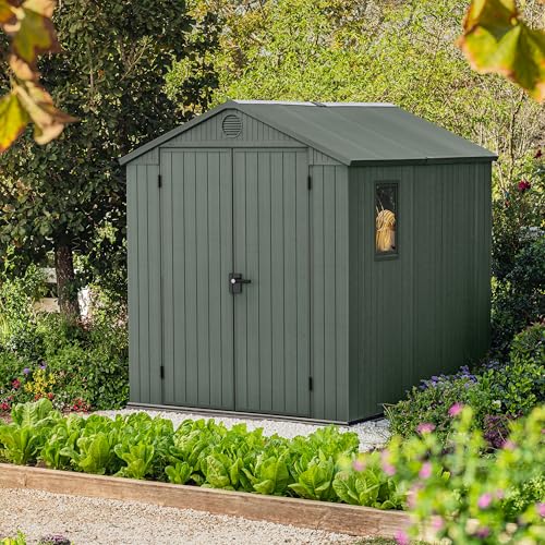 Keter Darwin 6x8ft Outdoor Resin Garden Shed – Green Evotech+ Wood-Look | Waterproof Resin Storage for Tools & Bikes | Double Doors | Lockable | 15 Yr Warranty | Zero Maintenance