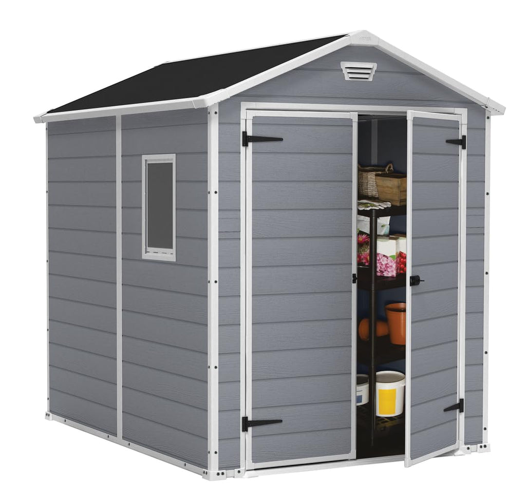 Keter Manor Outdoor Plastic Garden Storage Shed, Grey, 6 x 8 ft