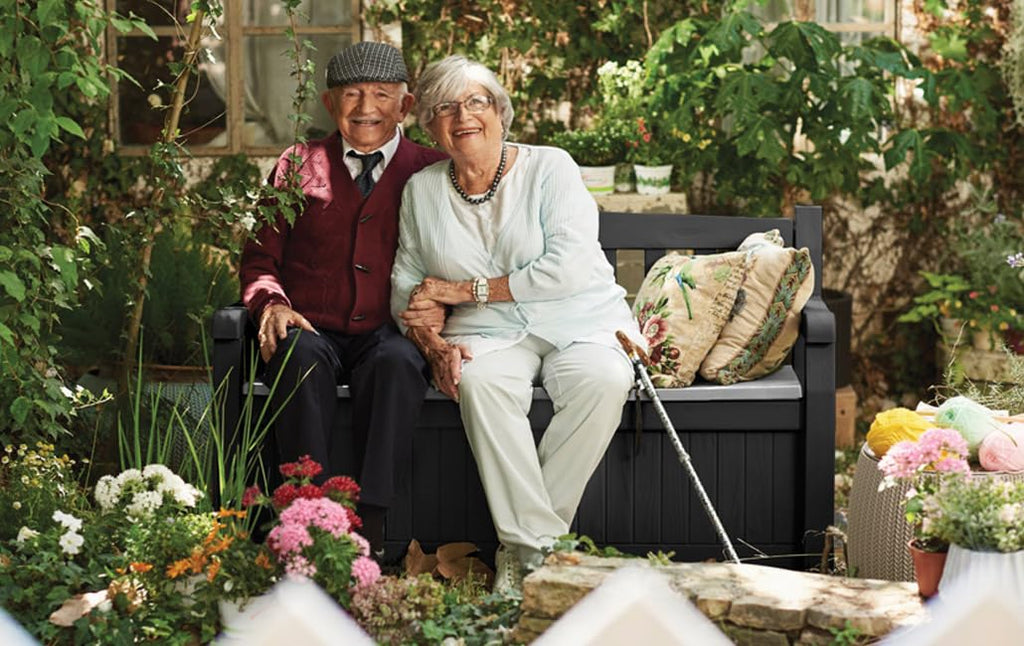 Keter Eden Bench 265L Outdoor 60% recycled Garden Furniture Storage Box Graphite & Light Grey | Fade Free | All Weather Resistant | Safe and Secure | Zero Maintenance | 2 year Warranty