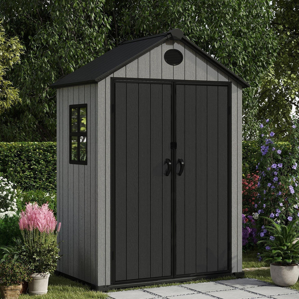 Pro Grade 6ft x 4ft Premium Plastic Garden Shed Double Door - Grey/Anthracite Wood Touch Texture
