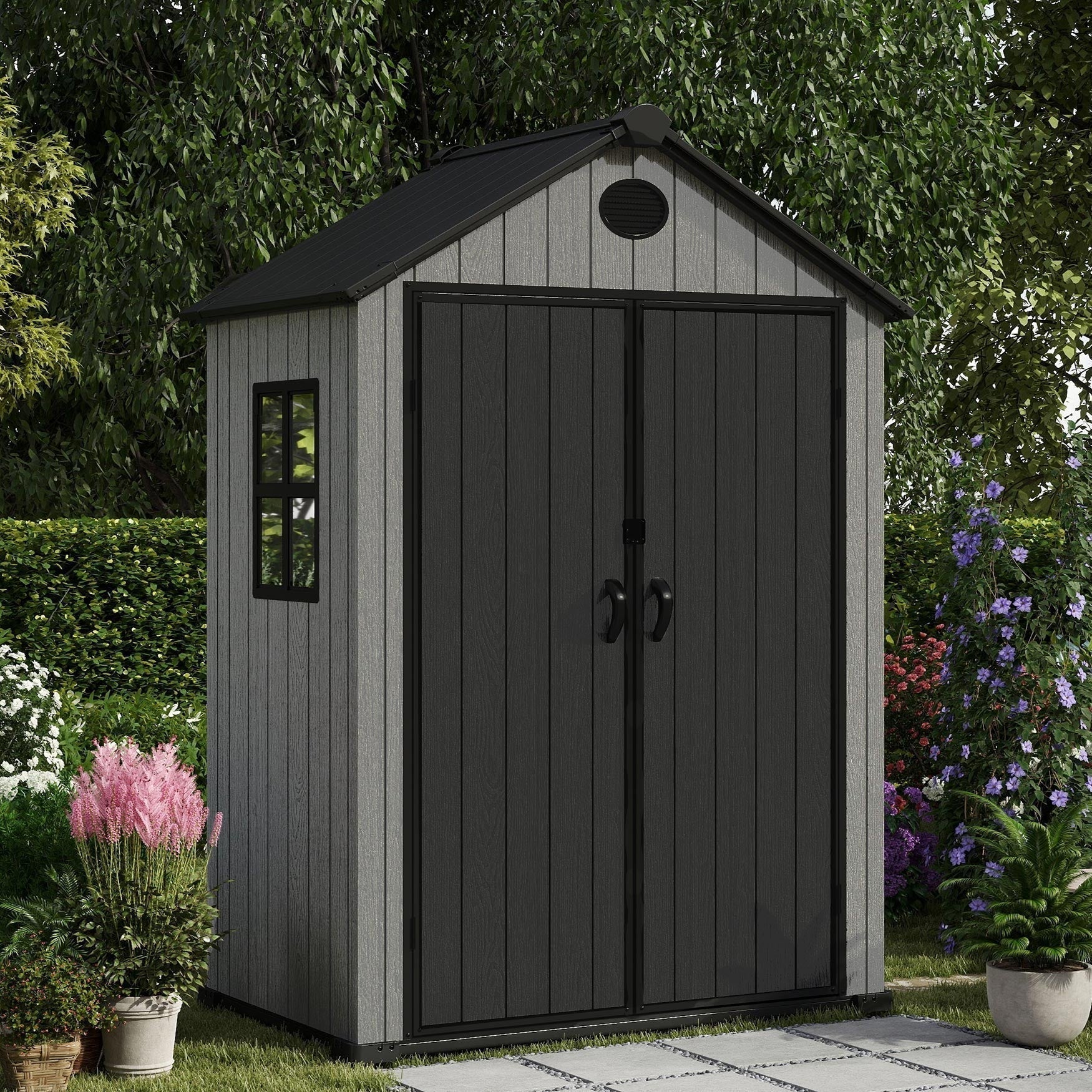 Pro Grade 6ft x 4ft Premium Plastic Garden Shed Double Door - Grey/Anthracite Wood Touch Texture