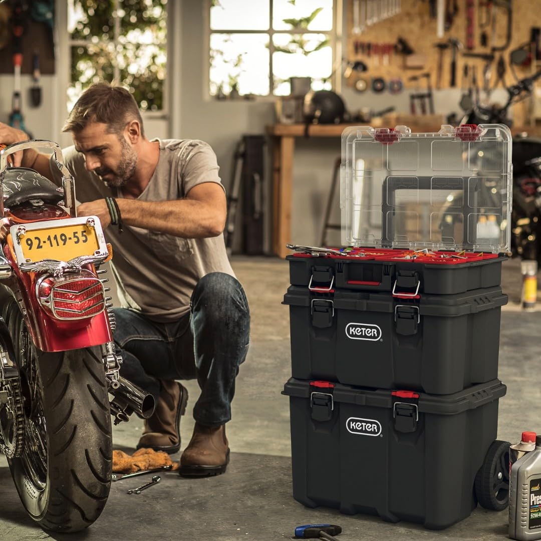 Keter Stack n' Roll Modular DIY Tool Storage System Cart with Wheels, Stackable, Lightweight, Durable, Water Resistant, Black