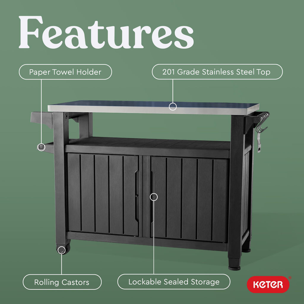 Keter Unity XL Outdoor Portable Table and Storage Cabinet with Hooks for Grill Accessories Stainless Steel Top for Patio, Kitchen, Island or Bar Cart, Dark Grey