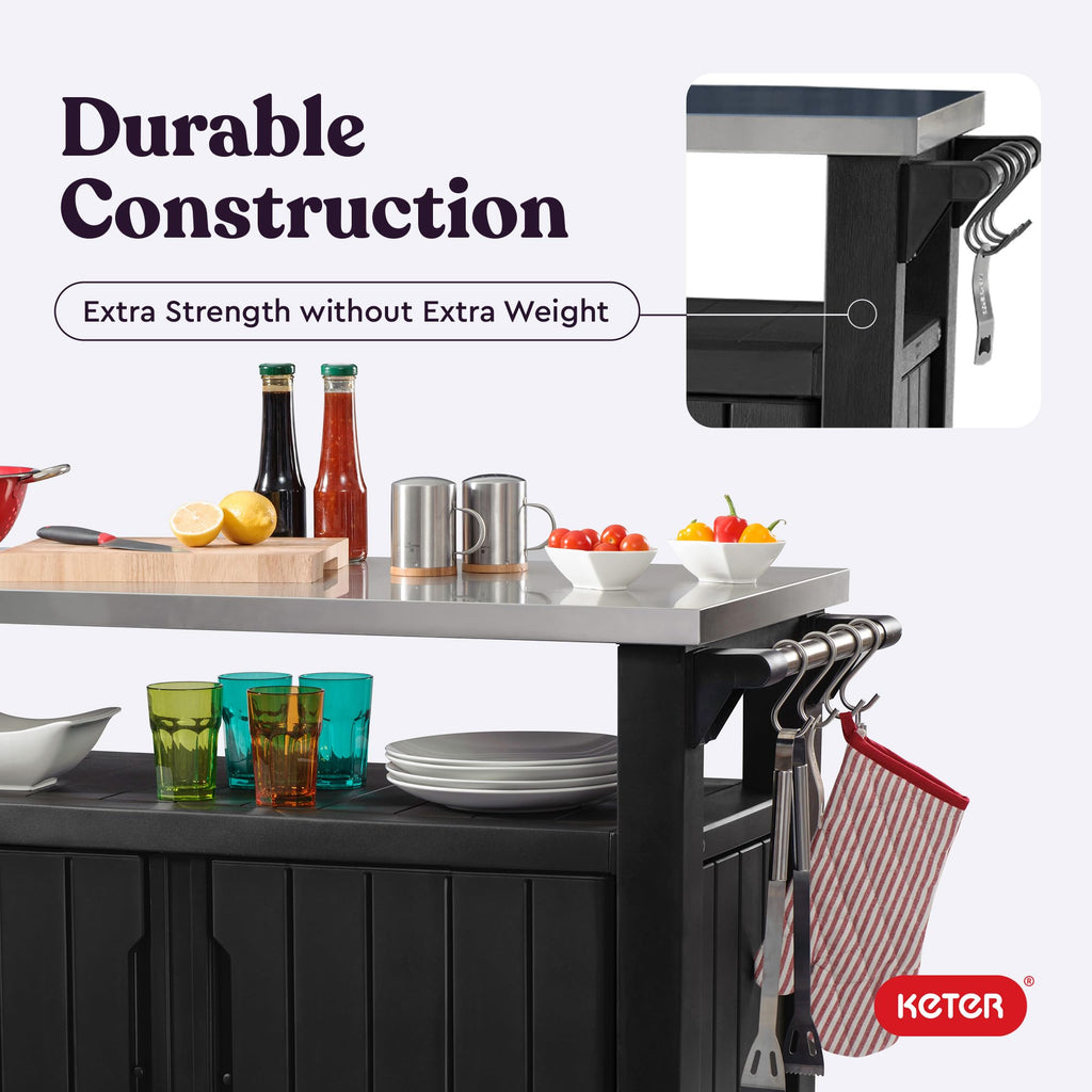 Keter Unity XL Outdoor Portable Table and Storage Cabinet with Hooks for Grill Accessories Stainless Steel Top for Patio, Kitchen, Island or Bar Cart, Dark Grey