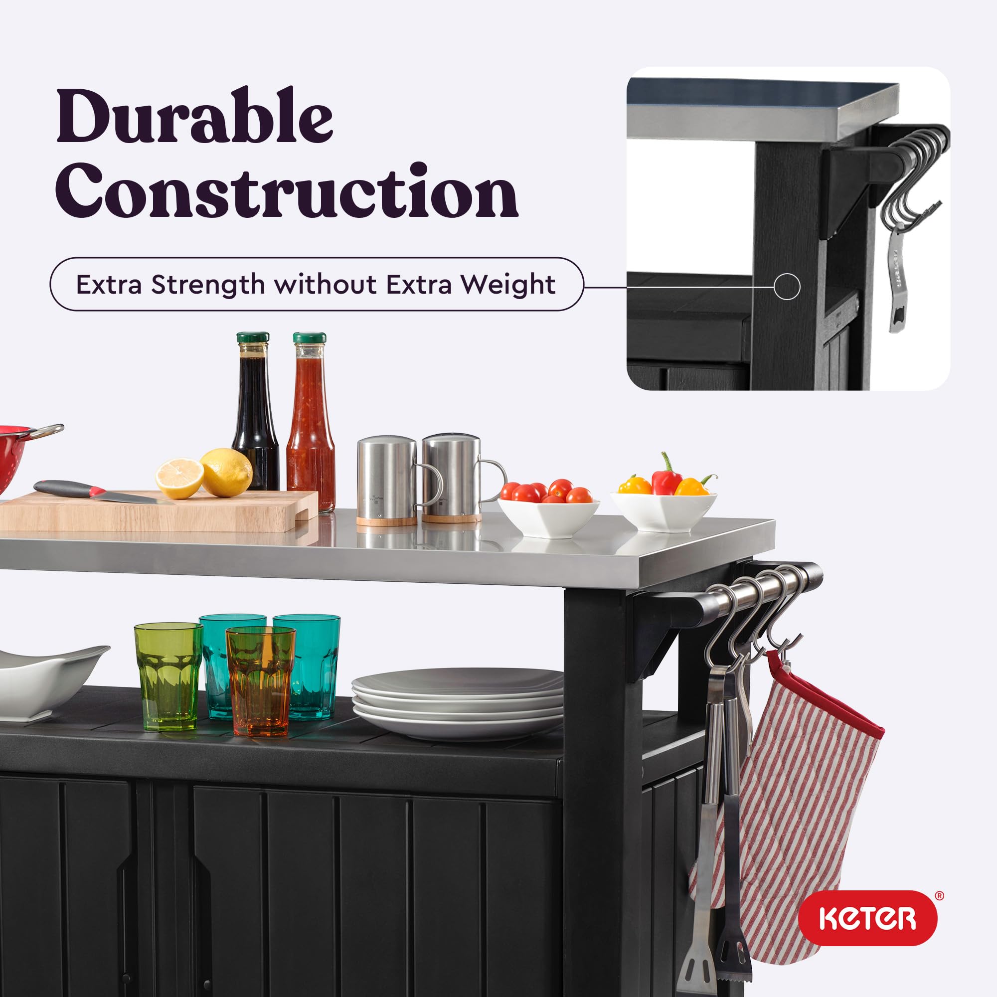 Keter Unity XL Outdoor Portable Table and Storage Cabinet with Hooks for Grill Accessories Stainless Steel Top for Patio, Kitchen, Island or Bar Cart, Dark Grey