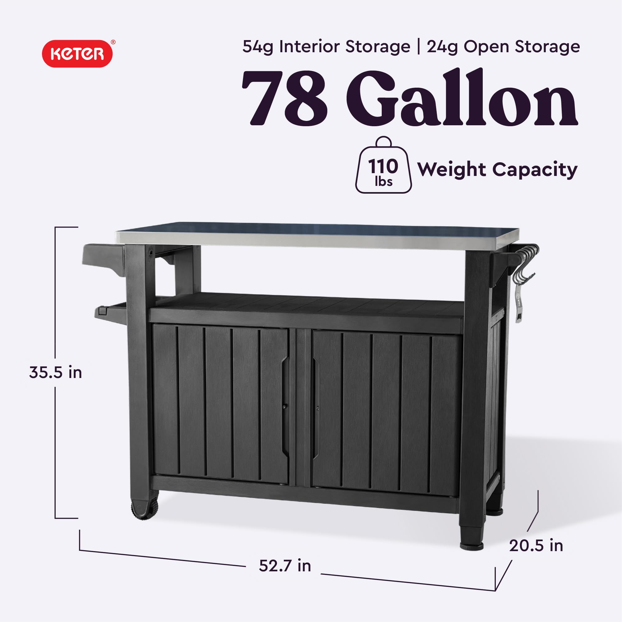 Keter Unity XL Outdoor Portable Table and Storage Cabinet with Hooks for Grill Accessories Stainless Steel Top for Patio, Kitchen, Island or Bar Cart, Dark Grey