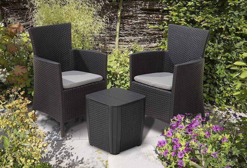 Keter Iowa 3-Piece Rattan Effect Storage Table Balcony Bistro Set - Graphite