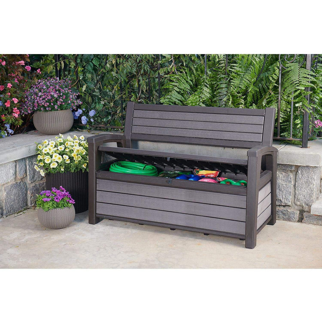 Keter Hudson 60 Gallon Capacity Plastic Resin Weather Resistant Outdoor Home Backyard Storage Bench/Deck Box Chest Patio Furniture, Gray