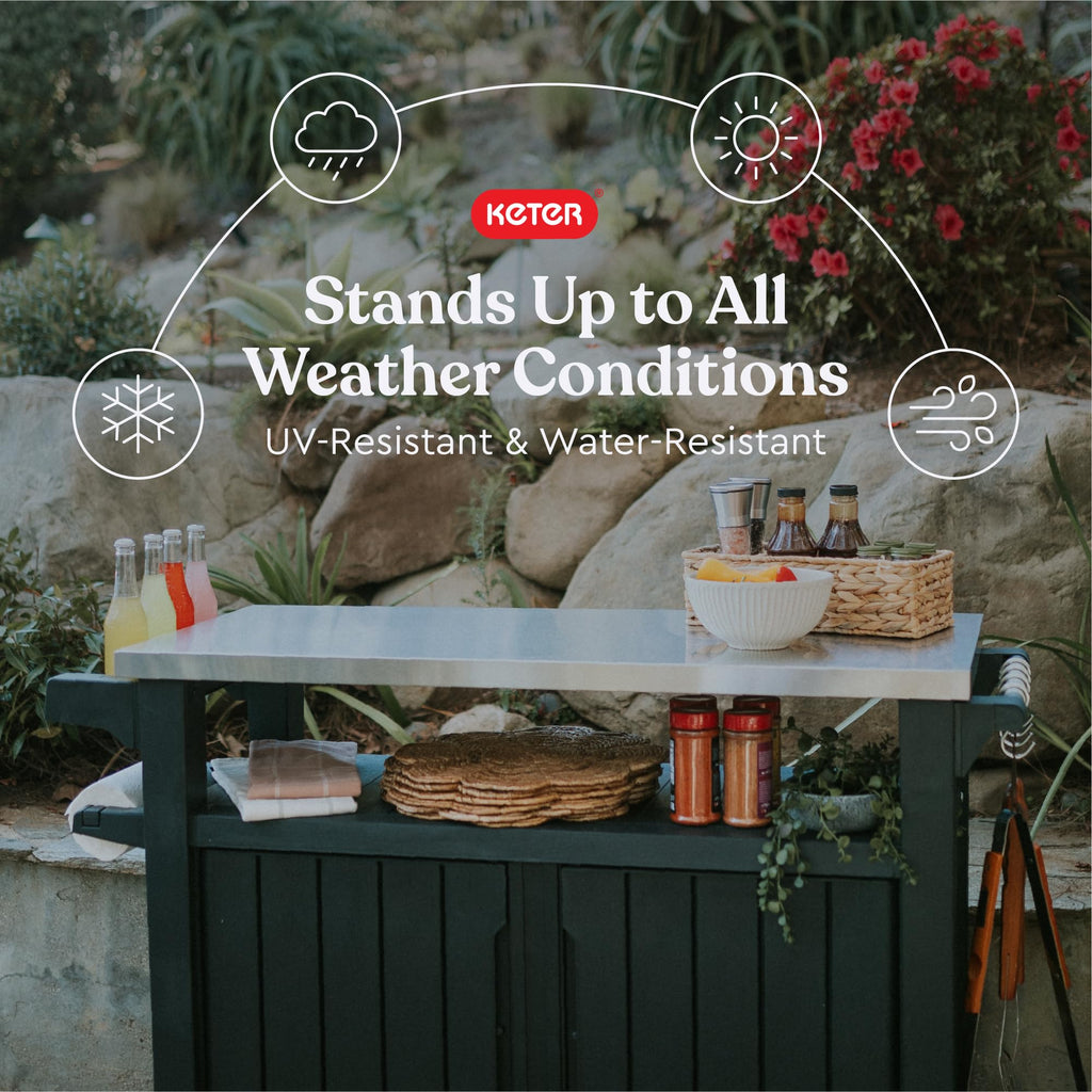 Keter Unity XL Outdoor Portable Table and Storage Cabinet with Hooks for Grill Accessories Stainless Steel Top for Patio, Kitchen, Island or Bar Cart, Dark Grey