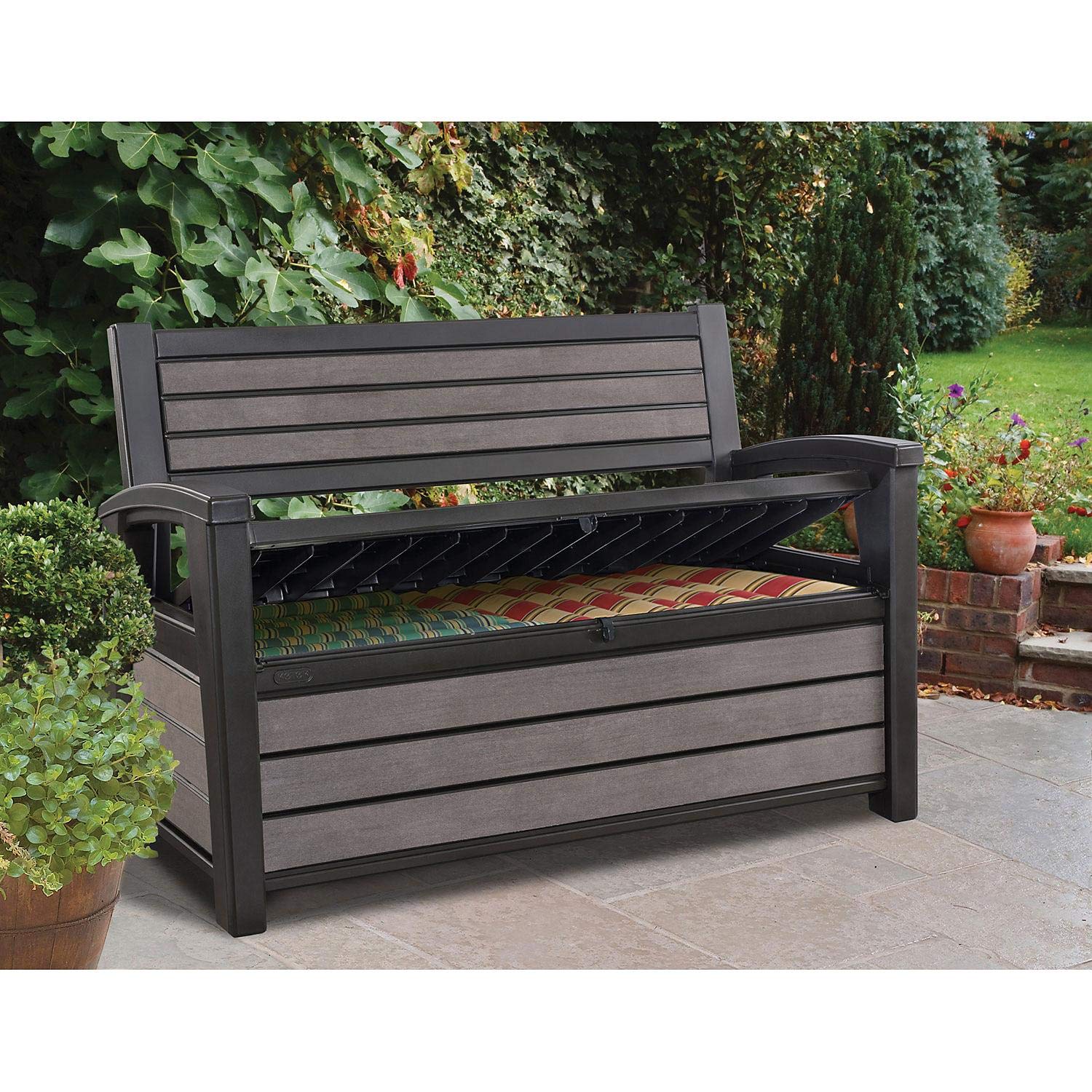 Keter Hudson 60 Gallon Capacity Plastic Resin Weather Resistant Outdoor Home Backyard Storage Bench/Deck Box Chest Patio Furniture, Gray