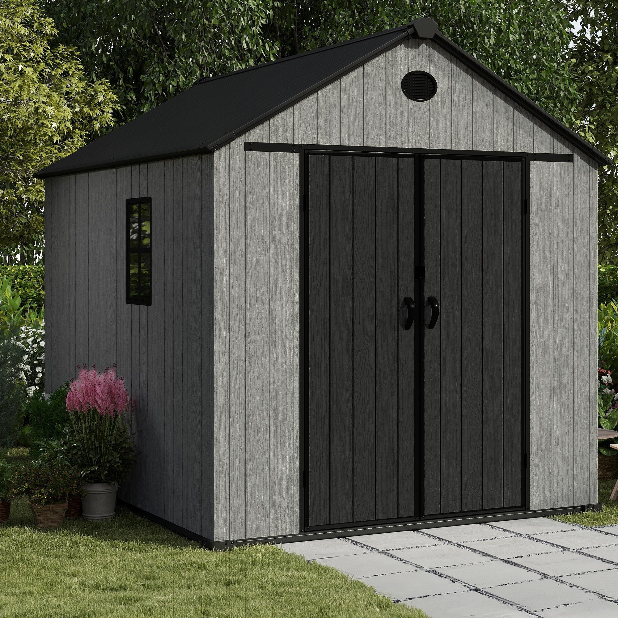 Pro Grade 6ft x 8ft Premium Plastic Double Door Garden Shed - Grey/Anthracite Wood Touch Texture