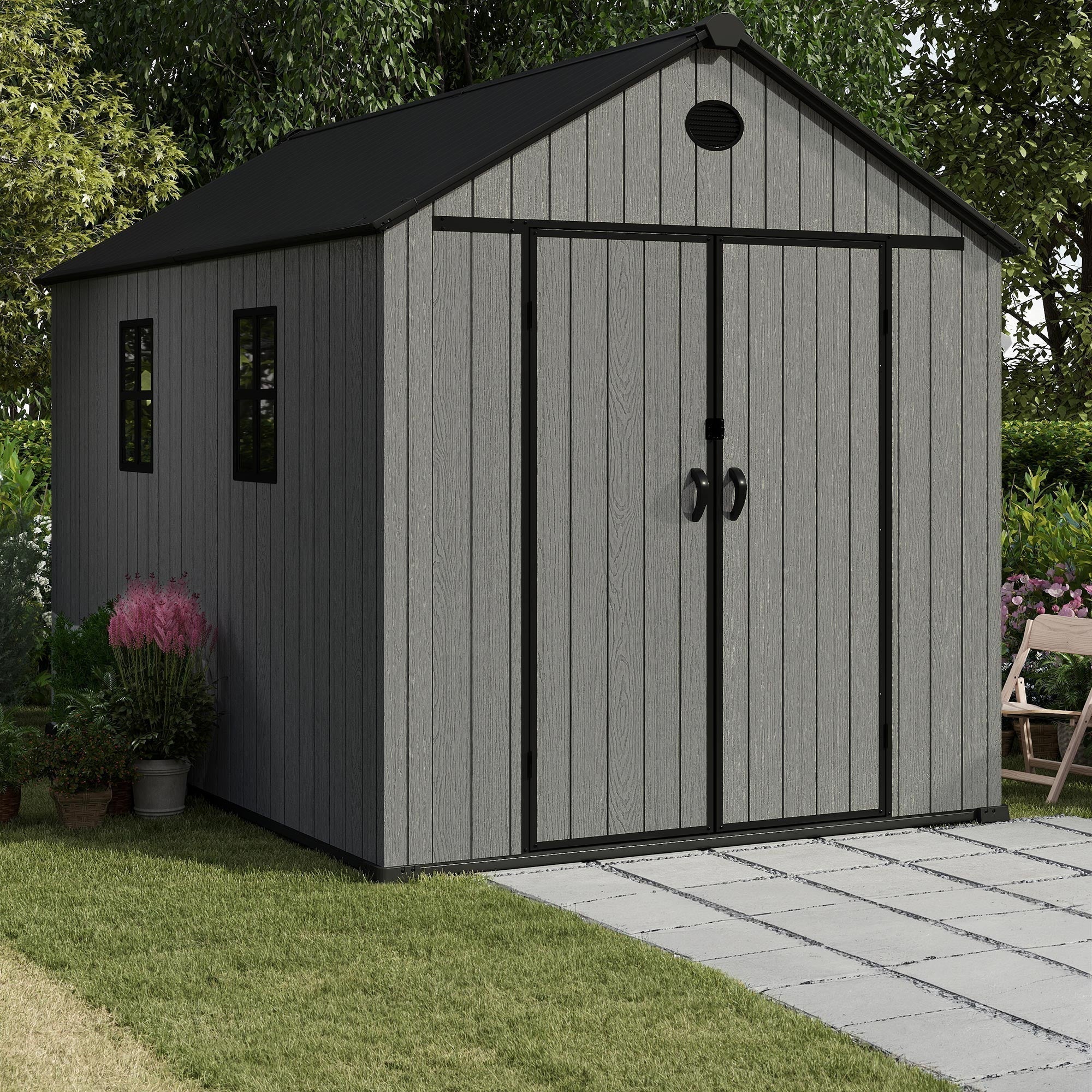 Pro Grade 8ft x 10ft Premium Plastic Double Door Garden Shed - Grey Wood Touch Texture