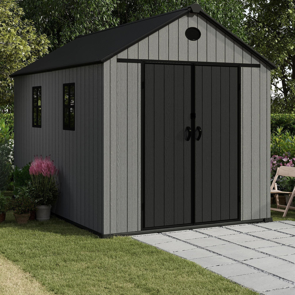Pro Grade 8ft x 10ft Premium Plastic Double Door Garden Shed - Grey/Anthracite Wood Touch Texture