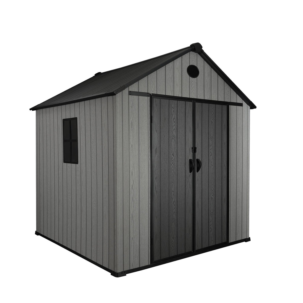 Pro Grade 6ft x 8ft Premium Plastic Double Door Garden Shed - Grey/Anthracite Wood Touch Texture