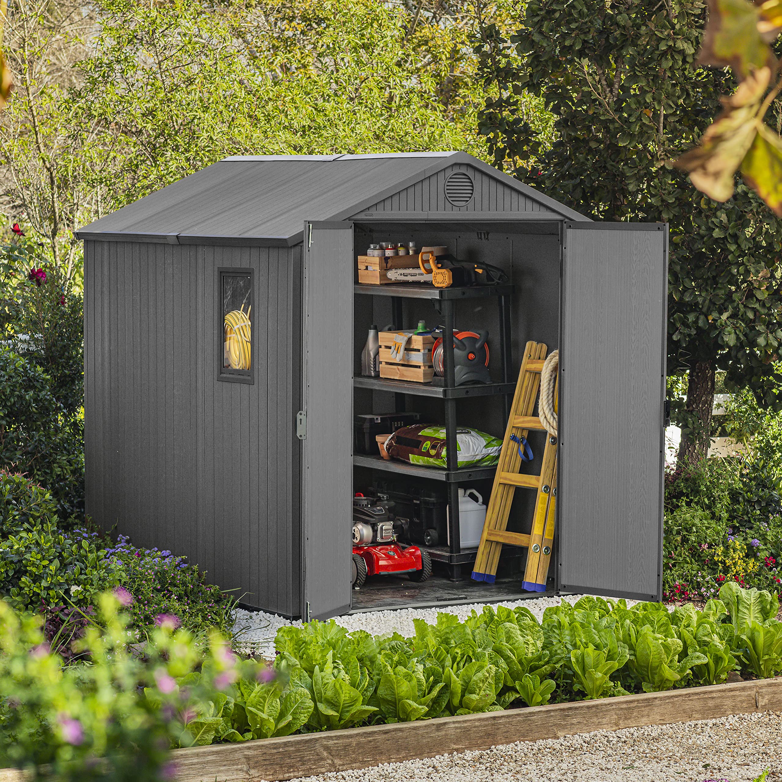 Keter Darwin Outdoor Apex Double Door Garden Storage Shed 6 x 8ft Grey Evotech+ Wood Look and Feel | Fade Free | All Weather Resistant | Safe and Secure | Zero Maintenance | 15 year Warranty