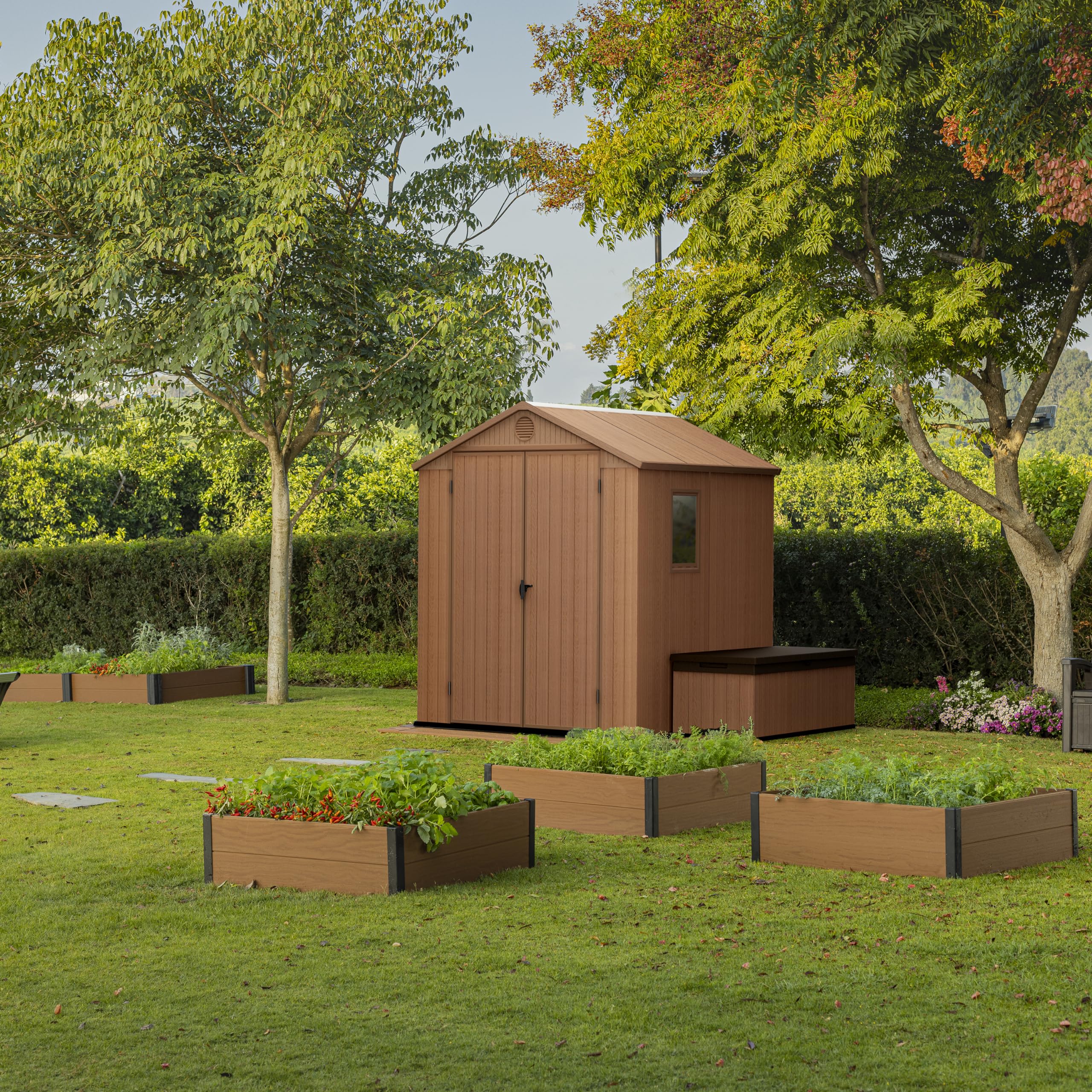 Keter Darwin 380L Outdoor Garden Furniture Storage Box Brown Evotech+ Wood Look and Feel | Fade Free | All Weather Resistant | Safe and Secure | Zero Maintenance | 2 year Warranty