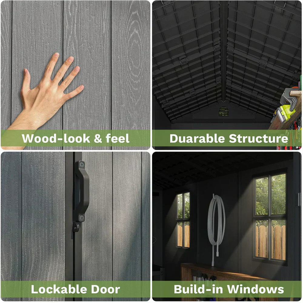 Pro Grade 6ft x 4ft Premium Plastic Garden Shed Double Door - Grey/Anthracite Wood Touch Texture