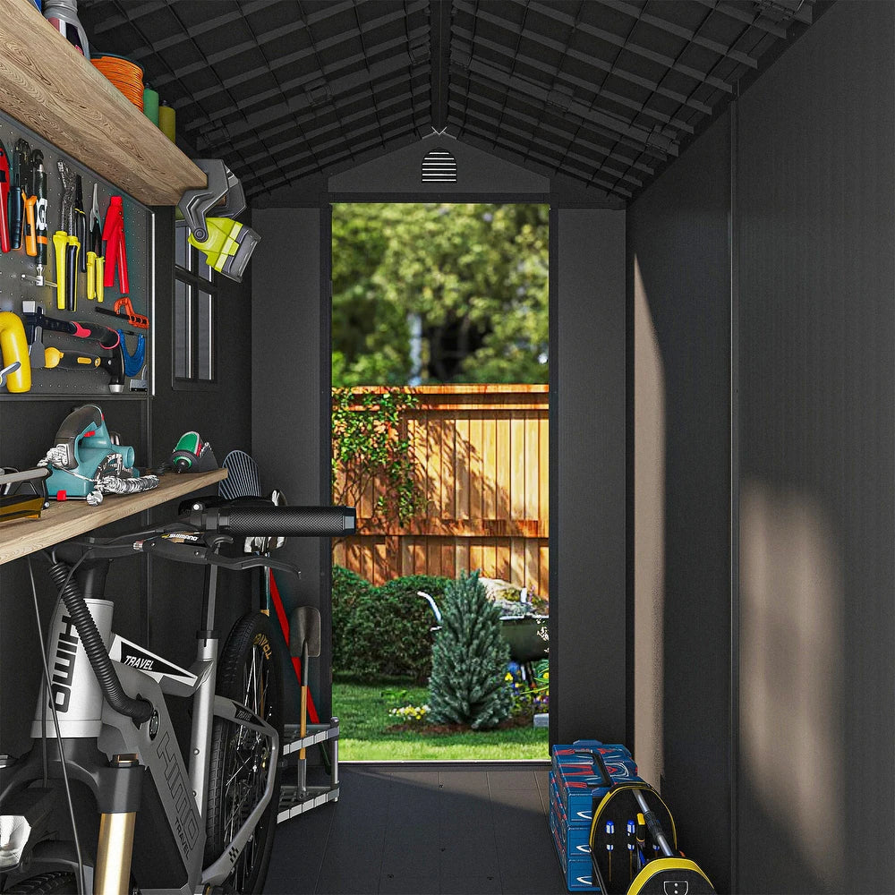 Pro Grade 6ft x 4ft Premium Plastic Garden Shed Double Door - Grey/Anthracite Wood Touch Texture