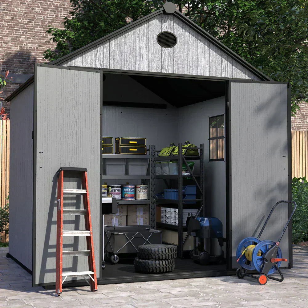 Pro Grade 6ft x 8ft Premium Plastic Double Door Garden Shed - Grey/Anthracite Wood Touch Texture